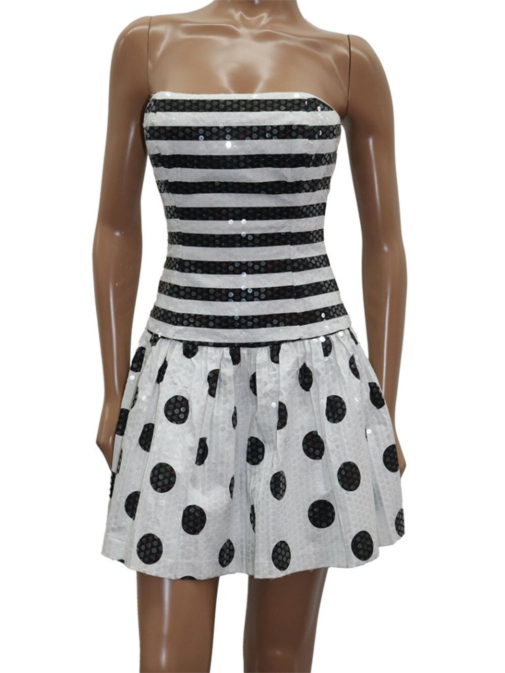 RARE Vintage Runway Betsey Johnson B&W Polka Dot Stripe Sequin Cocktail Dress 2 - Picture 2 of 8
